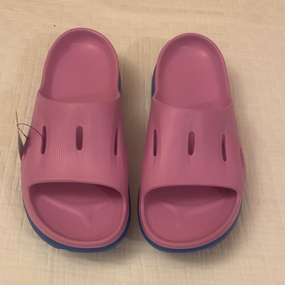 Hoka Pink Slides with Blue Soles